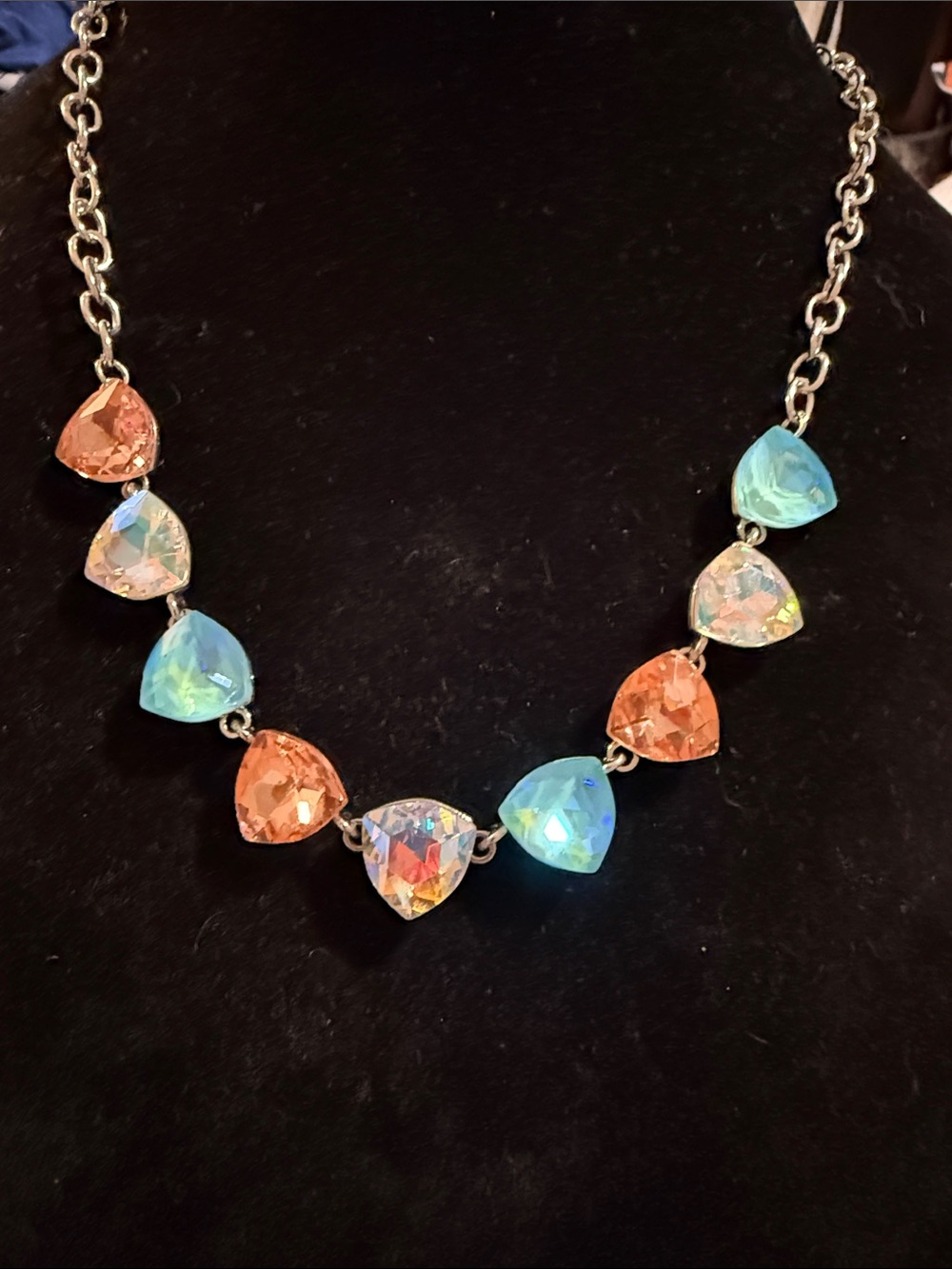 New Women’s 11” Crystal Necklace in Peach & Aqua and aurora borealis faceted